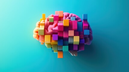 Leinwandbilder - Illustrate a brain icon made of small, colorful blocks that fit together, symbolizing the building blocks of knowledge and thought