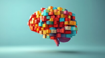 Leinwandbilder - Illustrate a brain icon made of small, colorful blocks that fit together, symbolizing the building blocks of knowledge and thought