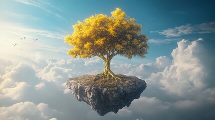 Poster - Illustrate a golden Tree of Life standing alone on a floating island, surrounded by endless skies