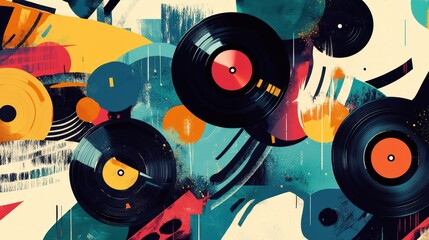 Poster - Illustrate a music-inspired collage combining vinyl records, soundwave patterns, and colorful abstract elements, celebrating the energy of music.