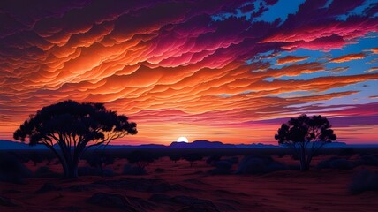 Wall Mural - A breathtaking sunset displays vibrant hues of orange, pink, and purple, casting dramatic shadows over a serene landscape. Two silhouetted trees stand against the colorful sky, enhancing the scene