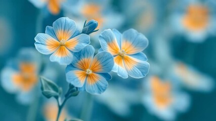 Wall Mural - A peaceful close-up view of a floral meadow filled with delicate blue and yellow forget-me-not flowers. The camera slowly zooms out, revealing a gentle, dreamy field. AI generative 4K video.