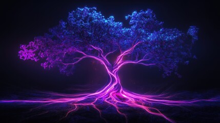 Poster - Illustrate an alien tree with glowing, neon-colored roots, extending in fractal-like patterns, completely isolated