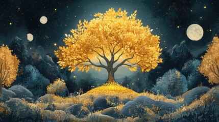 Poster - Illustrate an ancient Tree of Life standing in the center of a mystical forest, its golden leaves shimmering under the moonlight
