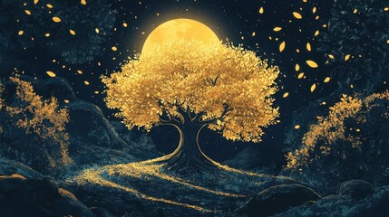 Poster - Illustrate an ancient Tree of Life standing in the center of a mystical forest, its golden leaves shimmering under the moonlight