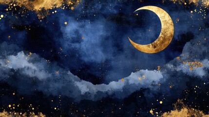 Wall Mural - a painting of a night sky with a large gold crescent moon