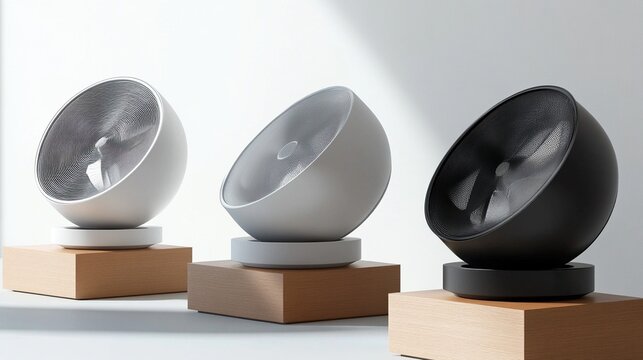 Three hemispherical fans, black, white, and gray, rest on wooden and matching-color bases, angled slightly, displayed against a minimalist white backdrop with subtle sunlight