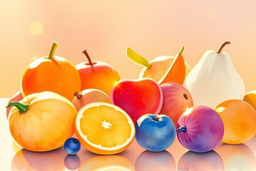 Wall Mural - Fruit Collection Digital Art Colorful Apples Oranges Pear Grapes Orange Blue