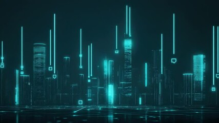 Fototapete - Futuristic City Skyline at Night with Neon Lights and Digital Elements Representing Advanced Technology and Urban Innovation 4k video footage