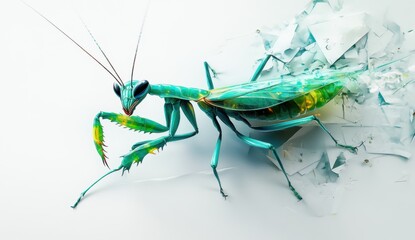 Poster - Pixelated Green Praying Mantis in Shattered Background