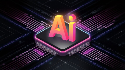 Poster - Isometric AI symbol on microchip, glowing neon pink and orange accents, circuit board background, showcasing technological advancement
