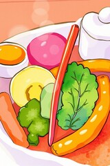 Wall Mural - Colorful healthy food with vegetables and egg watercolor style illustration