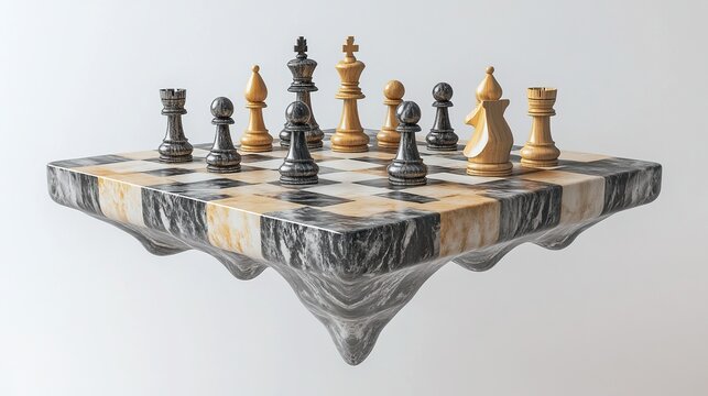 A 3D rendering of a chessboard with black and gold pieces, set against a white background. The marble board appears to be floating, with its edges dripping 