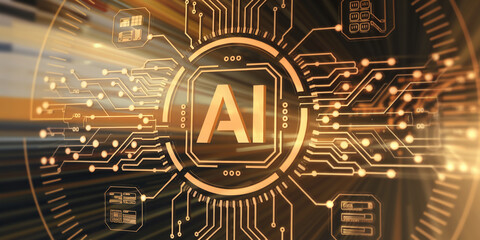 Poster - Abstract AI concept image, gold circuitry design with AI lettering in center, representing artificial intelligence, technology, innovation, and future development