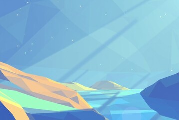 Wall Mural - Abstract low poly geometric lake landscape with mountain hills sky and