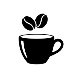 Poster - Black coffee cup with two coffee beans floating above it on a white background in a simple illustration
