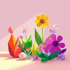 Wall Mural - Bright colorful polygonal flowers on a pink background with geometric leaves