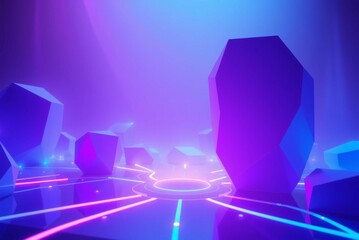 Wall Mural - Futuristic neon polygonal abstract cityscape with glowing lights and geometric shapes