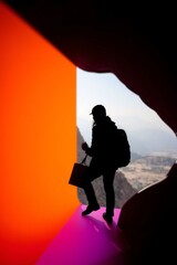 Wall Mural - Silhouette of a person standing in a colorful abstract space with
