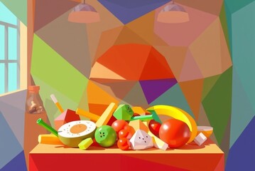 Wall Mural - Polygonal fruit still life with colorful geometric background bright juicy healthy