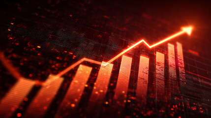 Poster - Red illuminated bar graph rising sharply, showing growth and progress, symbolizing success, market trends, and financial increase