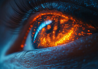 Poster - cybernetic eye with augmented reality display showing glowing orange digital data and blue light