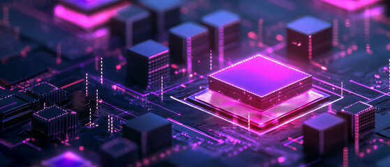 Poster - Futuristic glowing microchip on circuit board with neon purple light and technology