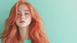 © Borasca - Portrait of a freckled girl with long red hair against a soft turquoise background