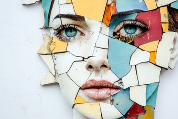 Poster - Fragmented Portrait: Abstract Woman's Face Composed of Broken Tiles and Paper, Creative Art Piece, Modern Design Element.