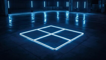 Poster - Futuristic Neon Rectangle on Dark Concrete Floor with Soft Light and Urban Atmosphere 4k video footage