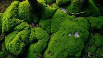 Lush vibrant green moss texture blankets the forest floor around tree bases creating a serene natural landscape.
