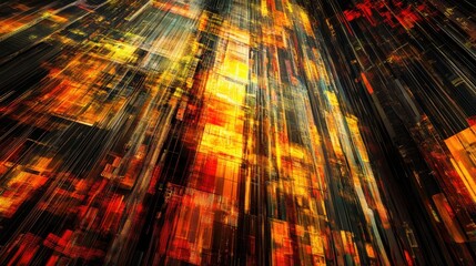 Poster - Abstract fiery cityscape, vertical lines, digital art, dynamic energy
