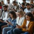 © .shock - Group of Diverse People in a Room, Focused on Their Smartphones, Reflecting Digital Communication and Isolation. Generated image