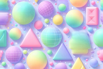 Fototapete - A vibrant and playful pattern featuring a variety of pastel colored geometric shapes, perfect for adding a touch of whimsy to any project, background, or design.