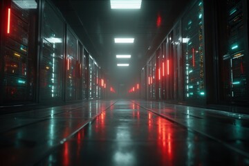 Poster - A futuristic server room hallway with glowing neon lights reflecting on the floor, creating an atmosphere of high technology, network infrastructure, and data center environment.