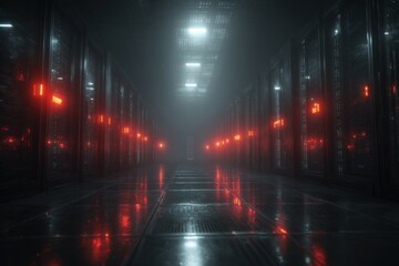 Poster - Long server room corridor with many server racks, glowing red lights and perspective, digital infrastructure, data center facility, cybersecurity and modern technology, computing.