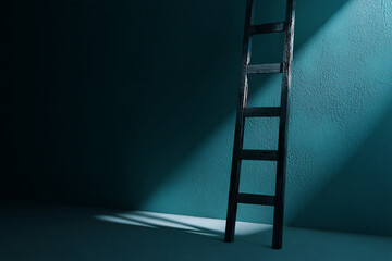 Poster - dark teal room, wooden ladder against wall, sunlight beam, free space, minimalist concept, showcasin