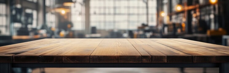 Poster - A rustic wooden table positioned in a bright industrial workspace featuring large glass windows. The scene offers a warm and inviting atmosphere perfect for creativity.