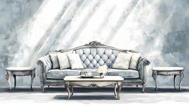 Elegant light-blue sofa set in a classic interior.