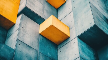 Poster - Explore a captivating detail of contemporary architecture featuring geometric shapes in striking yellow and blue concrete, showcasing modern design and aesthetic balance.