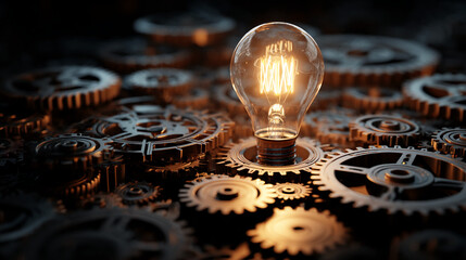 Poster - illuminated bulb amidst intricate metal gears, showcasing innovation, mechanism, and bright ideas, s