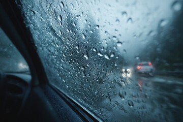 Poster - Driving through heavy rain with raindrops on car window, creating blurry effect, adding a moody and atmospheric feel to the scene on a rainy day.