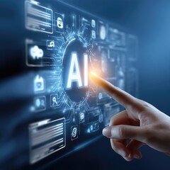 Fototapete - Hand interacting with ai digital display