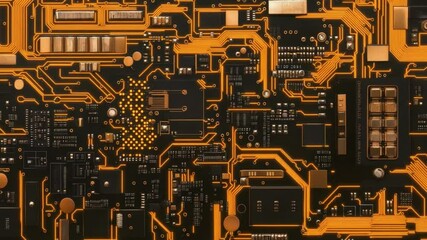 Fototapete - Abstract close-up of a black circuit board with orange lines and microchips showcasing technology and innovation in electronics design 4k video footage