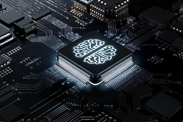 Poster - glowing brain icon on dark circuit board, symbolizing artificial intelligence, technology, and neura