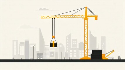 Poster - Industrial Construction Crane in Urban Landscape with Modern Buildings and City Skyline at Sunset 4k video footage