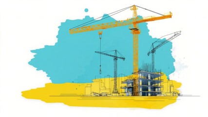 Poster - Construction Site with Crane and Building Project Under Development Featuring Yellow Accents and Detailed Architectural Elements 4k video footage