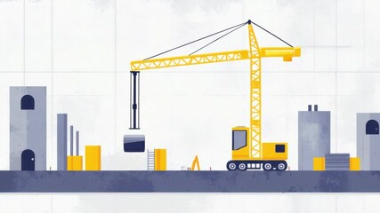 Poster - Construction Site Landscape Featuring Yellow Crane Lifting Materials with Modern Buildings in Background and Clear Blue Sky 4k video footage