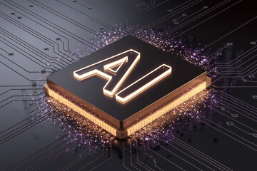 Poster - AI symbol glows on dark metallic circuit board, showcasing technological advancement and innovation in artificial intelligence