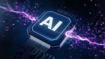 Poster - AI chip on circuit board, glowing purple energy streams, dark background, showcasing technological advancement and artificial intelligence concept